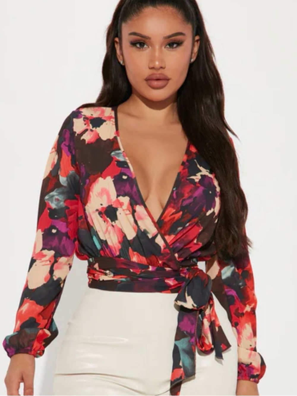 Abstract Floral Crop Top Blouse Tie Front Bell Sleeve Chiffon V-Neck 1X Plus